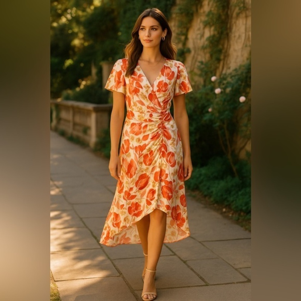 Parker 100% Silk Floral High-Low Dress —Red & Gold Bloom Print Dress EUC 2 #2060